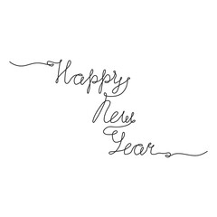 Continuous one line drawing of lettering Happy New Year. Festive hand drawn text in linear style. Png on transparent background