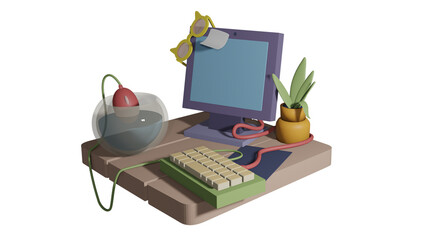 3D image of the desktop. Computer, keyboard, mouse. Funny workplace.