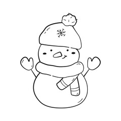 Smiling cute snowman with scarf, mittens and hat. Christmas character in black linear drawing style. Png on transparent background
