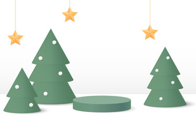 Green christmas tree geometrical background with a product podium.