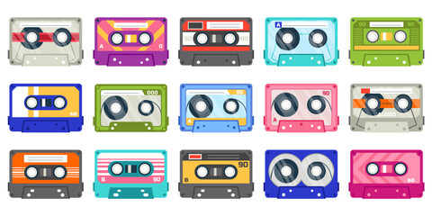 Collection of plastic audio record cassettes tape. Different colorful music tapes. Retro technology