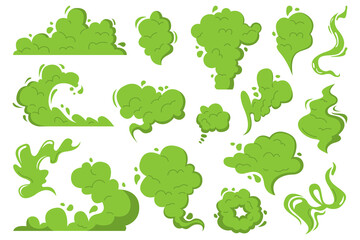 Green toxic clouds set. Symbol of bad smell cartoon. Stinky smoke. Spoiled and rotten food, poison