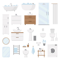 Bathroom furniture set. Bathtub, shower, washer, sink and toilet, racks and shelf for accessories
