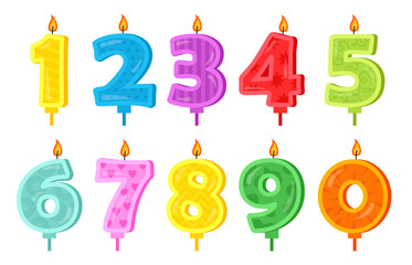 Birthday candle all numbers shape. Burning colorful candles with different festive patterns