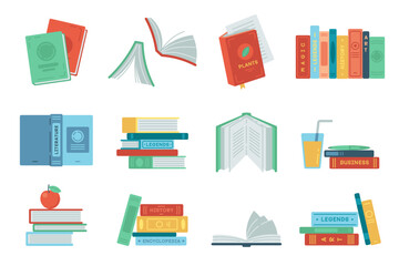 Books and textbooks set. Open, folded and stacked colorful book. Literature and university education