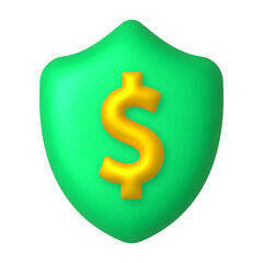 Golden dollar on a green shield. Finance protection concept. 3d realistic vector design element.