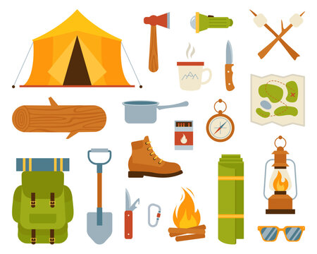 Camping and hiking icons set. Cartoon equipment isolated. Lantern, shoes, tent, campfire, backpack