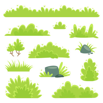 Set of green grass and bushes with leaves isolated. Cartoon floral elements for ground cover