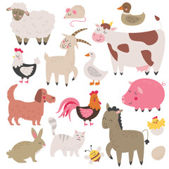Farm animals set. Cartoon animals collection: sheep, goat, cow, donkey, pig, cat, dog, duck, goose