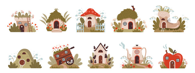Gnome houses icons, cartoon fantasy building made of plants, vegetables and trees with green leaves