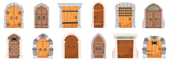 Castle medieval doors. Cartoon ancient fortress wooden gates, medieval kingdom castles set