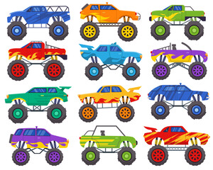 Set of monster trucks. Heavy cars with large tires and tinted windows. Scary vehicles for halloween