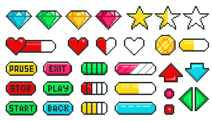 Pixel game menu buttons. Game 8 bit ui controller arrows, level and live bars, menu, stop, play set - obrazy, fototapety, plakaty