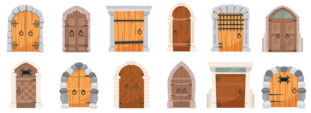 Castle medieval doors. Cartoon ancient fortress wooden gates, medieval kingdom castles set