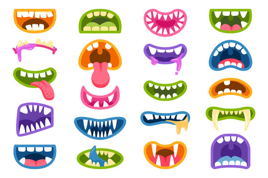 Scary monsters mouths set. Lips with slim, jaws, teeth, throat tongues of goblin, gremlin, trolls