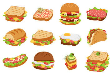 Set of delicious sandwiches with meat, vegetables and sauces. Realistic hamburger, hot dog, tortilla