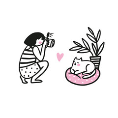 Young woman takes pictures of cute cat. Photographers and model. Photo shoot in a photo studio. Vector funny illustration in hand-drawn style
