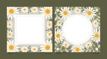 Fototapeta premium Square size of floral greeting card and invitation template for wedding or birthday anniversary, Vector shape of text box label and frame, White daisy flowers wreath ivy style with branch and leaves.