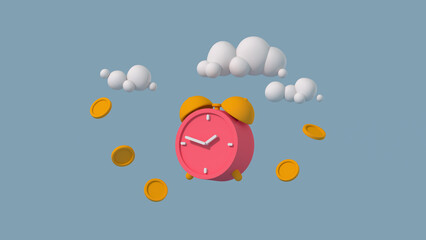 Clock and coins 3D render illustration