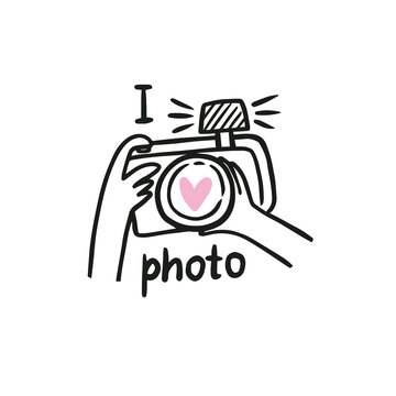 Cute vector card with photo camera and lettering - I love photo. Human hands holds a camera and photographs. Hand drawn illustration.