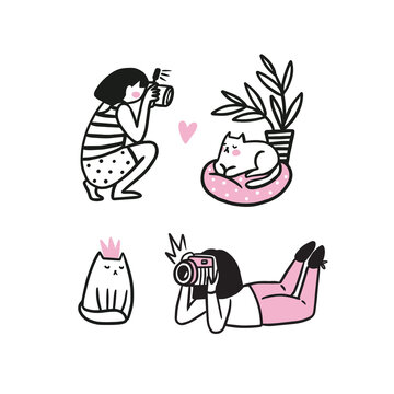Young woman takes pictures of cute cat. Photographers and model. Photo shoot in a photo studio. Vector funny illustration in hand-drawn style.
