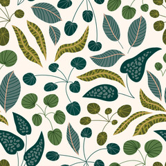 Seamless repeat pattern of green house tropical plants on neutral background. Vector hand-drawn flowers with big leaves. Fabric design. 
