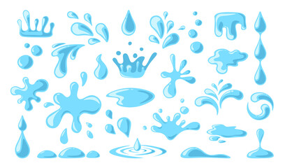 Water drops. Set of current drops, waves, tears, spray nature splashes. Dripping liquid. Water spill