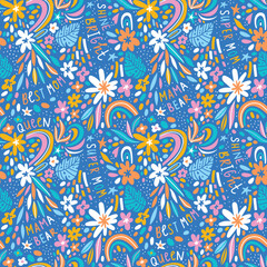 Bright rainbow seamless pattern. Vector illustration. Flowers with lettering. Fabric design.