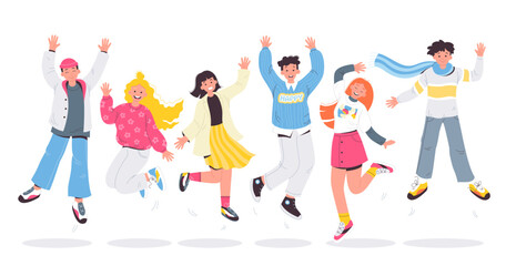 Happy jumping young people. Excited student characters, cheerful teenagers joyful people together
