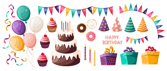 A set for a party,holiday,birthday. Cake and cupcakes,colorful balloons,gifts,holiday hats,garlands,sweet donuts,flags,confetti.Vector illustration.