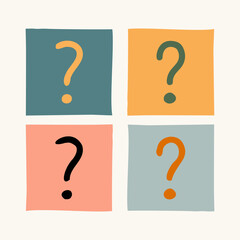 Set of vector hand-drawn doodled question marks. Abstract squared icons.