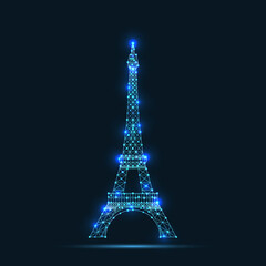 Abstract vector Illustration wireframe telecommunications signal transmitter, france radio antenna eiffel tower from lines and triangles, point connecting network on dark background