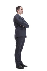 Happy businessman with open palm offering something.