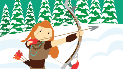 Girl with a bow and arrow in the winter forest