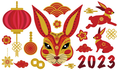 Happy Chinese New Year, year of the black rabbit 2023. Cartoon Rabbits set bunny character and decorations Chinese symbols collection.