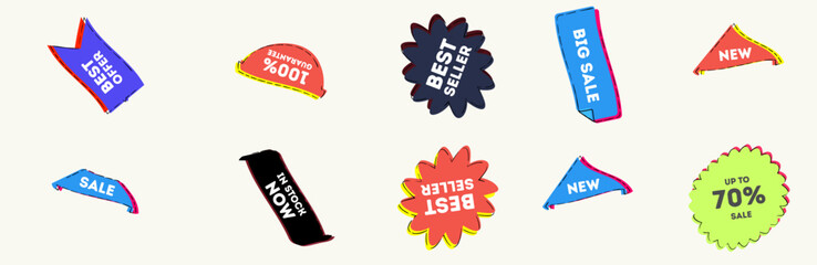 Red scroll banners with big sale text. Sale tag set. Promotion price label mega sale. Discount label design. Best choice 3d ribbon banners