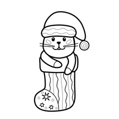 Cute cat sketch. Black outline of childish animal in Christmas boot for coloring pages.