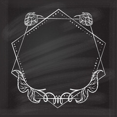 Vector polygonal dotted frame on the chalkboard background. Hops leaves decoration.