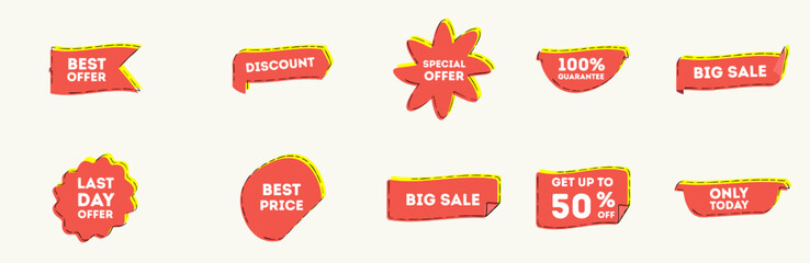 Realistic red price tags collection. Set ribbon banner. Promotional sale badge. Discount label design. Vector illustration