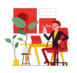 Businessman working at desk, office interior. Male happy manager in positive workplace, bringing insights and solutions, high level of performance. Vector creative vibrant botanical illustration