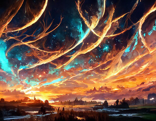 Obraz premium Dreamy dawn sky background. Shining clouds at sunset digital illustration