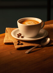 Taza de café con granos de café sobre tabla de madera. Cup of coffee with coffee beans on wooden board.