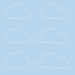 Fototapeta premium White 3d clouds set isolated on a blue background. Render soft round cartoon fluffy clouds icon in the blue sky. 3d geometric shapes vector illustration. Vector illustration