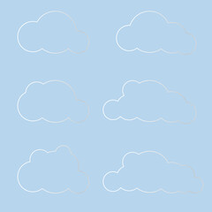 White 3d clouds set isolated on a blue background. Render soft round cartoon fluffy clouds icon in the blue sky. 3d geometric shapes vector illustration. Vector illustration