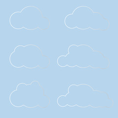 Obraz premium White 3d clouds set isolated on a blue background. Render soft round cartoon fluffy clouds icon in the blue sky. 3d geometric shapes vector illustration. Vector illustration