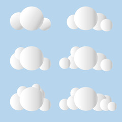 Fototapeta premium 3d render of a clouds set isolated on a grey background. Soft round cartoon fluffy clouds mock up icon. 3d geometric shapes vector illustration. Vector illustration