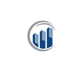Financial Logo. Abstract Buildings and Circular Swoosh Icon Symbolizing Growth and Investment. Vector Logo Template