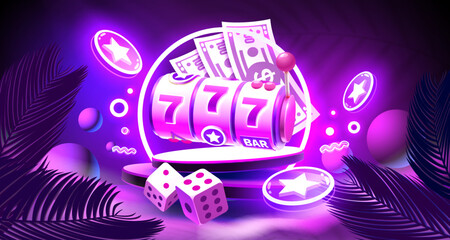 Casino slots machine winner, jackpot fortune of luck, 777 win banner. Vector