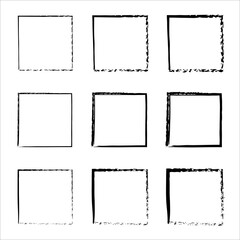 Collection of square black hand drawn grunge frames. Vector black painted squares. Vector borders grunge template set. Hand drawn brush strokes. Dirty grunge design frames