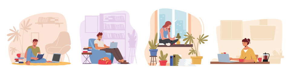 Set Men And Women Freelancers Or Outsourced Workers Characters Working From Home On Computers, Remote Workplace